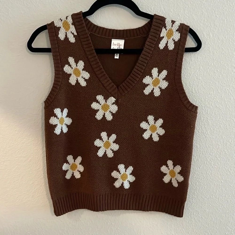 Daisy Knit Floral Sweater Vest 60s 70s Retro Size M